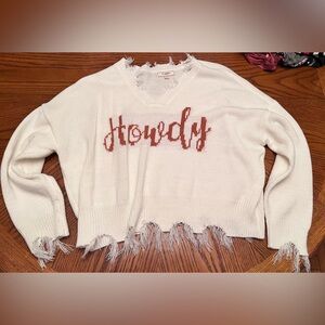 White Distressed Sweater with 'Howdy' Design